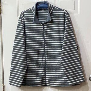 Talbots Womens Sz 3X Fleece Zip Jacket Gray/White Striped 2 Zip Pockets